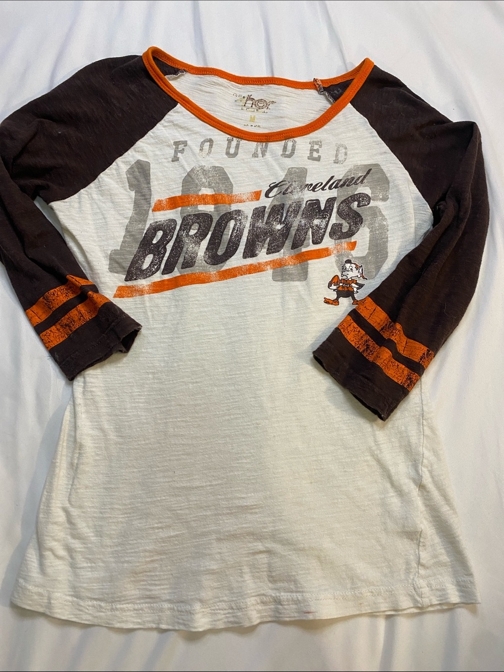Vintage Cleveland Browns Women's Raglan Long Sleeve Tee - White & Brown